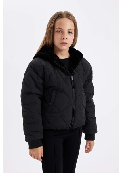 Kız Çocuk Çift Taraflı Fermuarlı Kapüşonlu Pelüş Mont C5493A824WN