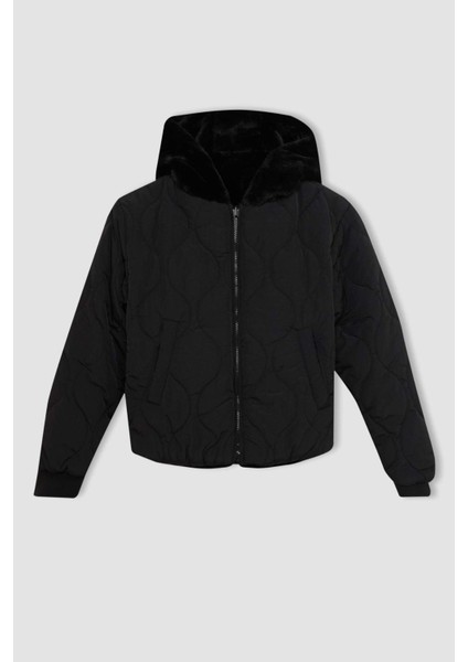 Kız Çocuk Çift Taraflı Fermuarlı Kapüşonlu Pelüş Mont C5493A824WN