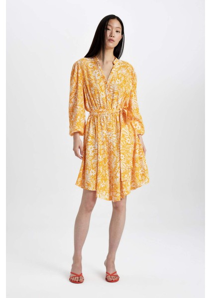 Kaçık Yaka Çiçek Desenli Maroken Uzun Kollu Midi Elbise C3386AX24SM