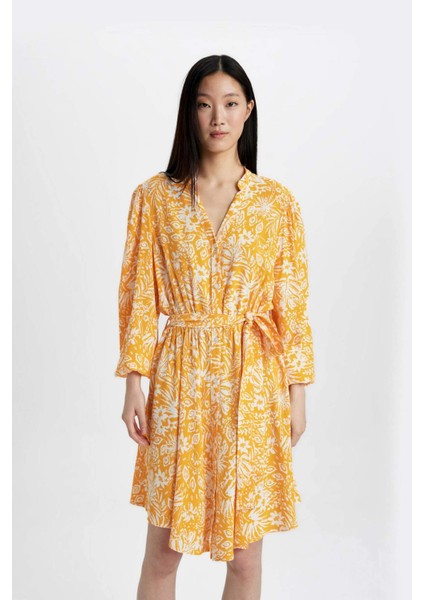 Kaçık Yaka Çiçek Desenli Maroken Uzun Kollu Midi Elbise C3386AX24SM