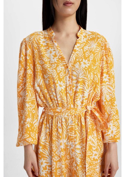 Kaçık Yaka Çiçek Desenli Maroken Uzun Kollu Midi Elbise C3386AX24SM