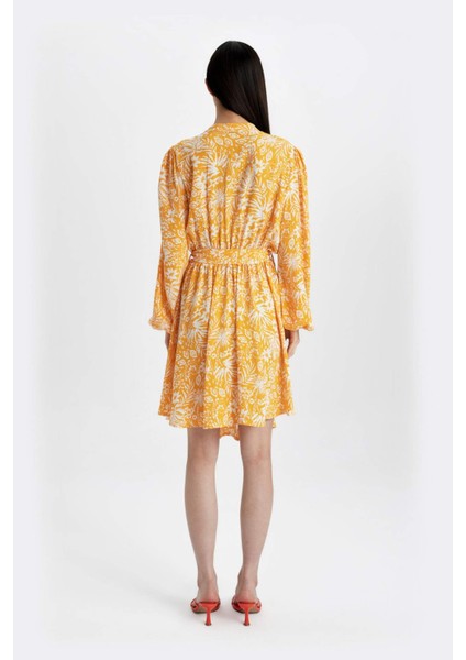 Kaçık Yaka Çiçek Desenli Maroken Uzun Kollu Midi Elbise C3386AX24SM