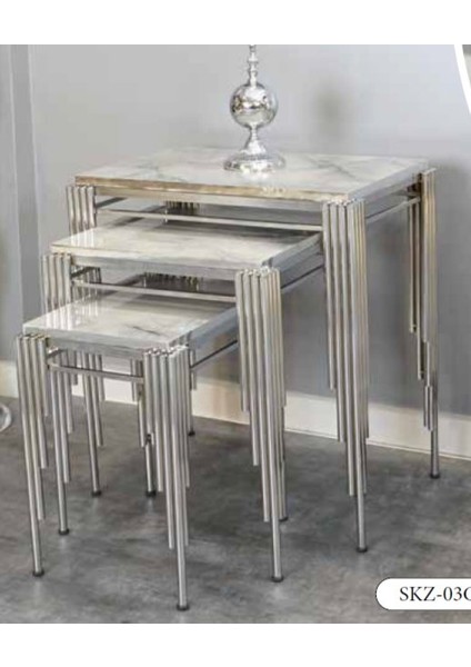 Mim Beyaz Mermer - Gümüş Köşeli Sütun Kare Zigon Sehpa