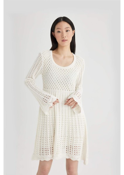 A Kesim U Yaka Örgü DesenliBasic Düz Kroşe Uzun Kollu Mini Triko Elbise C7785AX24SM