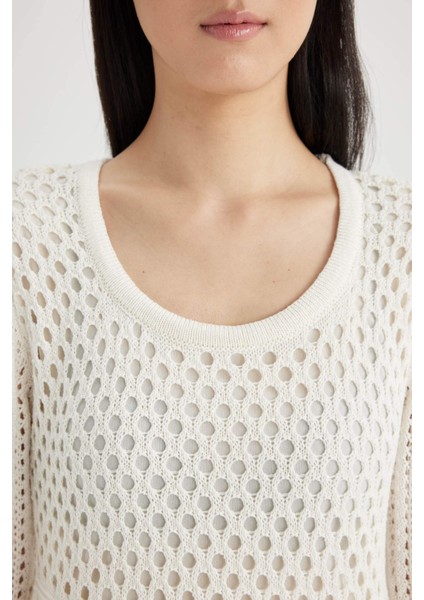 A Kesim U Yaka Örgü DesenliBasic Düz Kroşe Uzun Kollu Mini Triko Elbise C7785AX24SM