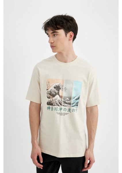 %100 Pamuk Art Hokusai Regular Fit Bisiklet Yaka Kısa Kollu Tişört C2164AX24SM