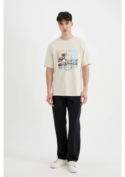 %100 Pamuk Art Hokusai Regular Fit Bisiklet Yaka Kısa Kollu Tişört C2164AX24SM