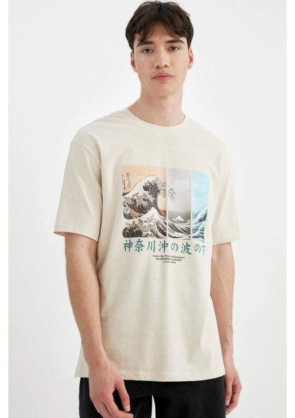 %100 Pamuk Art Hokusai Regular Fit Bisiklet Yaka Kısa Kollu Tişört C2164AX24SM