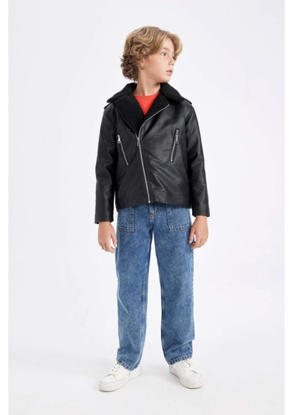 Erkek Çocuk Su İtici Fermuar Cepli Suni Kürk Astarlı Suni Deri Mont C4324A824WN