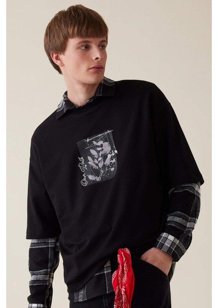 Siyah Loose Fit Bisiklet Yaka Çiçek Baskılı Ağır Kumaş Kısa Kollu Tişört C7056AX24AU