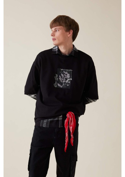 Siyah Loose Fit Bisiklet Yaka Çiçek Baskılı Ağır Kumaş Kısa Kollu Tişört C7056AX24AU