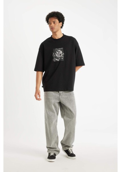 Siyah Loose Fit Bisiklet Yaka Çiçek Baskılı Ağır Kumaş Kısa Kollu Tişört C7056AX24AU