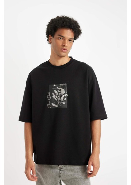 Siyah Loose Fit Bisiklet Yaka Çiçek Baskılı Ağır Kumaş Kısa Kollu Tişört C7056AX24AU