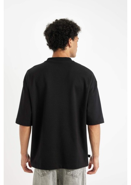 Siyah Loose Fit Bisiklet Yaka Çiçek Baskılı Ağır Kumaş Kısa Kollu Tişört C7056AX24AU