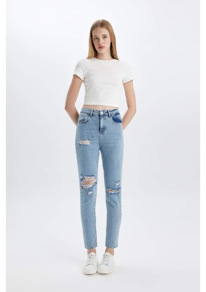 Lina Mom Fit Yırtık Detaylı Yüksek Bel Bilek Boy Jean Yıkamalı Pantolon
