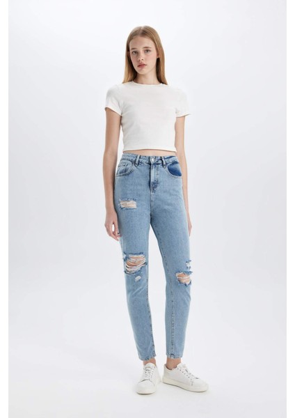Lina Mom Fit Yırtık Detaylı Yüksek Bel Bilek Boy Jean Yıkamalı Pantolon