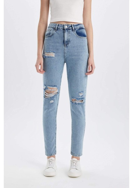 Lina Mom Fit Yırtık Detaylı Yüksek Bel Bilek Boy Jean Yıkamalı Pantolon