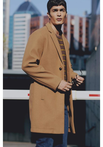 Relax Fit Ceket Yaka Düğmeli Cepli Kışlık Kaşe Parka Y8903AZ24AU