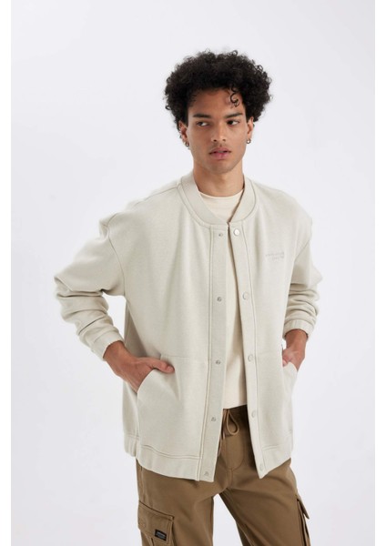 Oversize Geniş Kalıp Kolej Yaka Çıtçıtlı Cepli İçi Yumuşak Tüylü Bomber Hırka