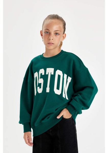 Kız Çocuk Oversize Geniş Kalıp Bisiklet Yaka Baskılı Okul Sweatshirt C7778A824AU