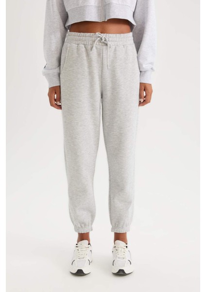 Standart Fit Kalın Jogger Eşofman Altı Bel Paça Lastikli Basic Düz Uzun Boy