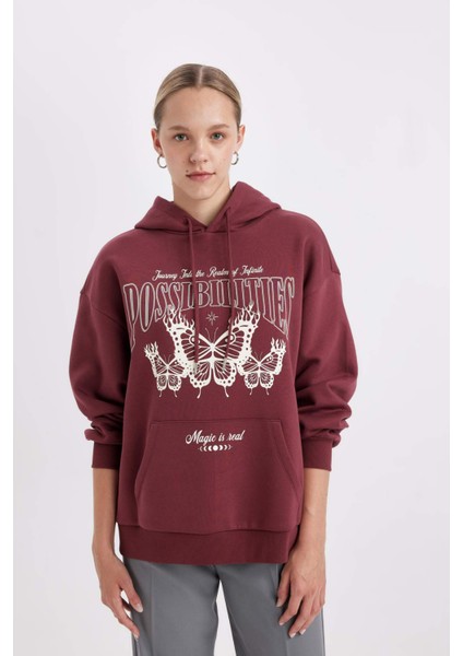 Oversize Geniş Kalıp Kapüşonlu Baskılı Kalın Sweatshirt C7816AX24WN