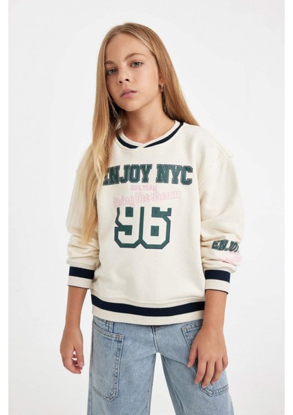 Kız Çocuk Relax Fit V Yaka Baskılı Okul Sweatshirt C7789A824AU