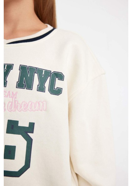 Kız Çocuk Relax Fit V Yaka Baskılı Okul Sweatshirt C7789A824AU