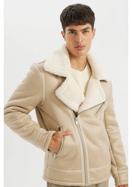 Slim Fit Dar Kesim Suni Kürk Astarlı Fermuarlı Cepli Süet Deri Kışlık Ceket Mont C5636AX24WN