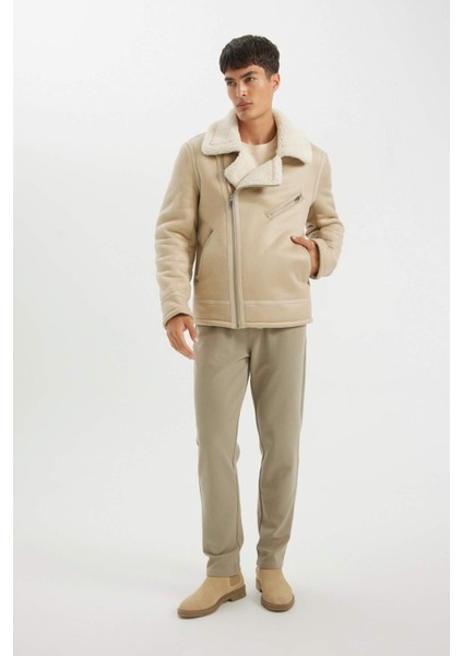 Slim Fit Dar Kesim Suni Kürk Astarlı Fermuarlı Cepli Süet Deri Kışlık Ceket Mont C5636AX24WN