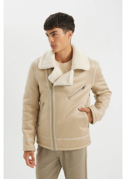 Slim Fit Dar Kesim Suni Kürk Astarlı Fermuarlı Cepli Süet Deri Kışlık Ceket Mont C5636AX24WN