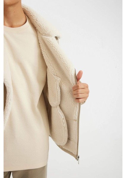 Slim Fit Dar Kesim Suni Kürk Astarlı Fermuarlı Cepli Süet Deri Kışlık Ceket Mont C5636AX24WN