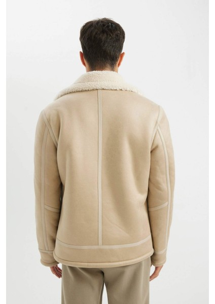 Slim Fit Dar Kesim Suni Kürk Astarlı Fermuarlı Cepli Süet Deri Kışlık Ceket Mont C5636AX24WN