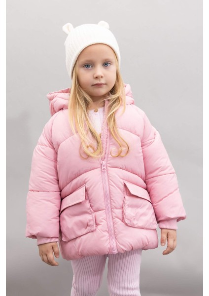 Kız Bebek Su Geçirmez Çift Taraflı Polar Astarlı Cep İçi Polarlı Kapüşonlu Fermuarlı Şişme Mont C7804A524AU