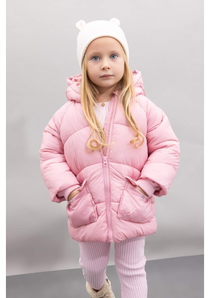 Kız Bebek Su Geçirmez Çift Taraflı Polar Astarlı Cep İçi Polarlı Kapüşonlu Fermuarlı Şişme Mont C7804A524AU