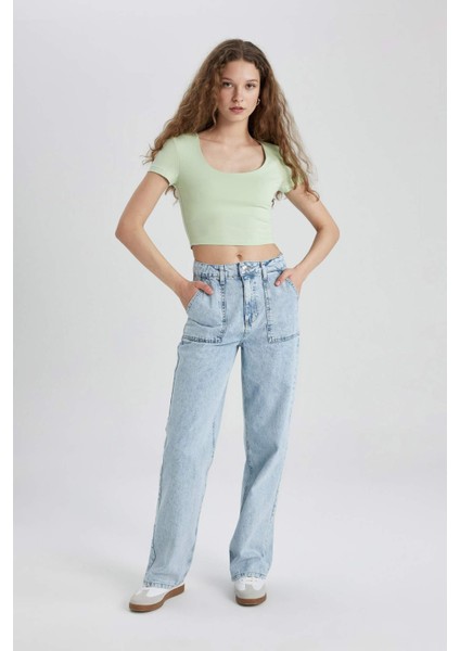 Fitted U Yaka Basic Düz Kısa Kollu Tişört C6102AX24SM