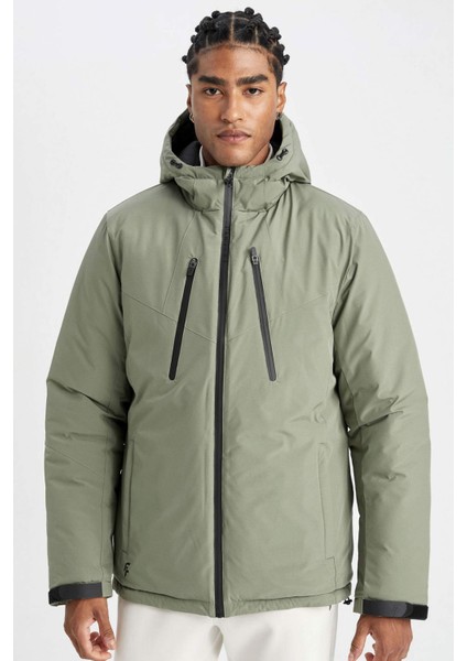 Fit Su Geçirmez Termometreli Slim Fit Dar Kesim Polar Kapüşonlu Fermuarlı Kışlık Mont A2125AX24WN
