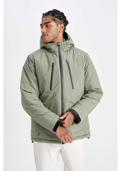 Fit Su Geçirmez Termometreli Slim Fit Dar Kesim Polar Kapüşonlu Fermuarlı Kışlık Mont A2125AX24WN