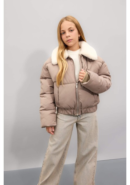 Kız Çocuk Suni Kürklü Yaka Rüzgar Geçirmez Fermuarlı Şişme Mont C5388A824WN