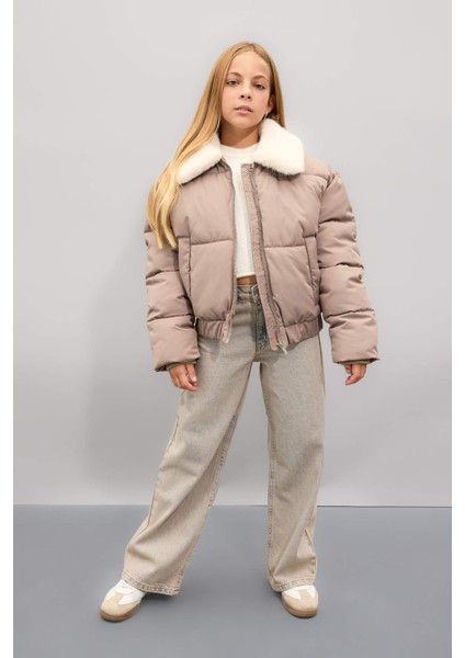 Kız Çocuk Suni Kürklü Yaka Rüzgar Geçirmez Fermuarlı Şişme Mont C5388A824WN