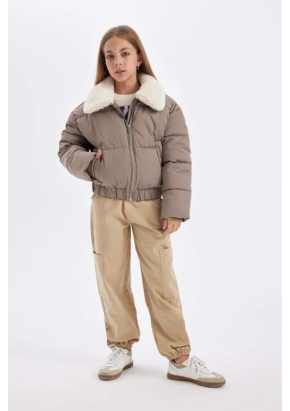 Kız Çocuk Suni Kürklü Yaka Rüzgar Geçirmez Fermuarlı Şişme Mont C5388A824WN