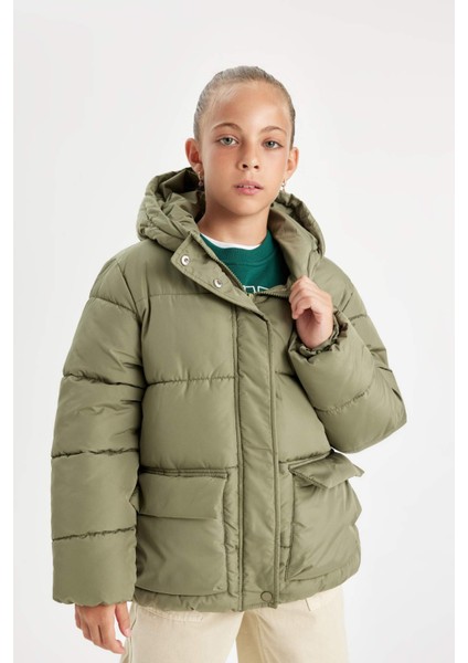 Kız Çocuk Su Geçirmez Şişme Mont Kapüşonlu Polar Astarlı Fermuarlı Cepli C5490A824AU