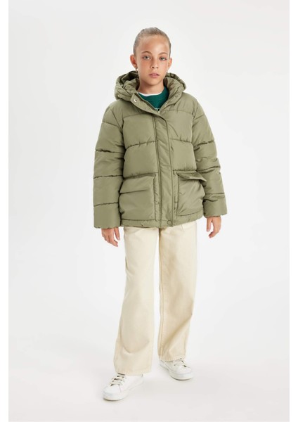 Kız Çocuk Su Geçirmez Şişme Mont Kapüşonlu Polar Astarlı Fermuarlı Cepli C5490A824AU