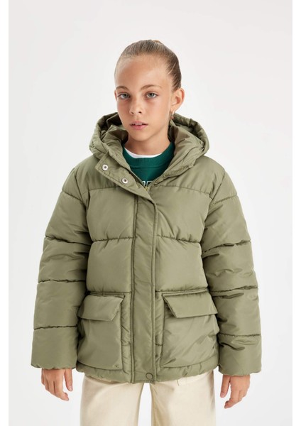 Kız Çocuk Su Geçirmez Şişme Mont Kapüşonlu Polar Astarlı Fermuarlı Cepli C5490A824AU