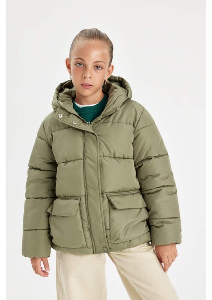 Kız Çocuk Su Geçirmez Şişme Mont Kapüşonlu Polar Astarlı Fermuarlı Cepli C5490A824AU