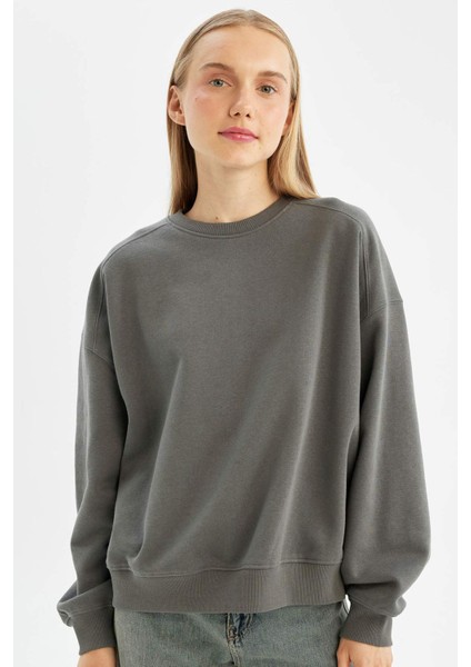 Coool Oversize Geniş Kalıp Bisiklet Yaka Kalın Basic Düz Sweatshirt A4177AX24WN