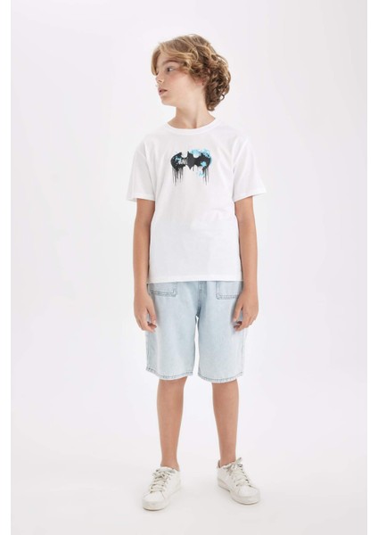 Erkek Çocuk Batman Bisiklet Yaka Sırt Baskılı Kısa Kollu Tişört