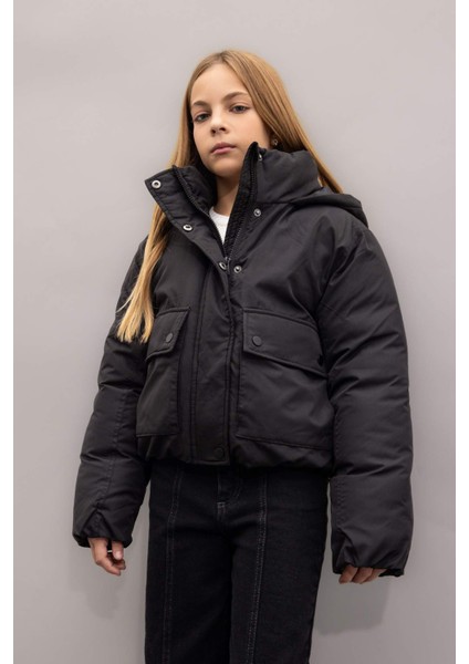 Kız Çocuk Su Geçirmez Kapüşonlu Şişme Mont Çıtçıtlı Cepli C5489A824WN