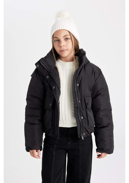 Kız Çocuk Su Geçirmez Kapüşonlu Şişme Mont Çıtçıtlı Cepli C5489A824WN