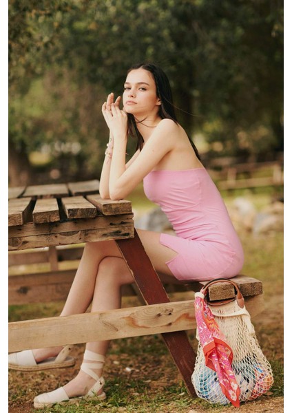 Coool Straplez Yırtmaçlı Pembe Mini Elbise C6342AX24SM